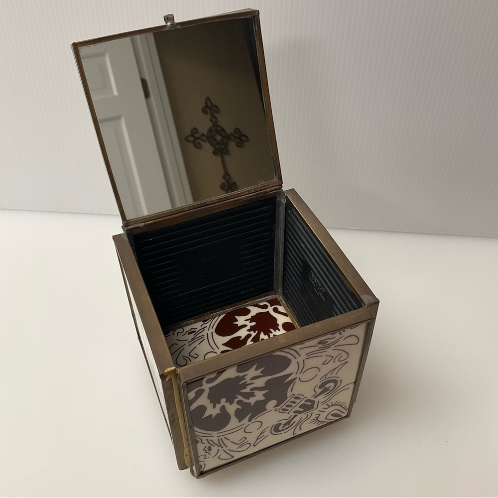Large DECORATIVE BOX Mirrored Lidded Footed Tile-like Squares Cream Brown Mexico